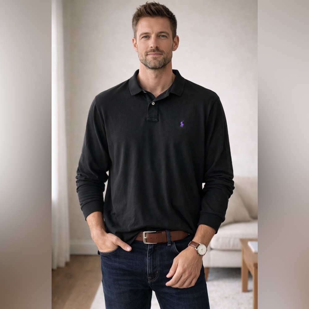 Polo Ralph Lauren Black Long Sleeve Polo Shirt Mens XXL Purple Pony Classic‎